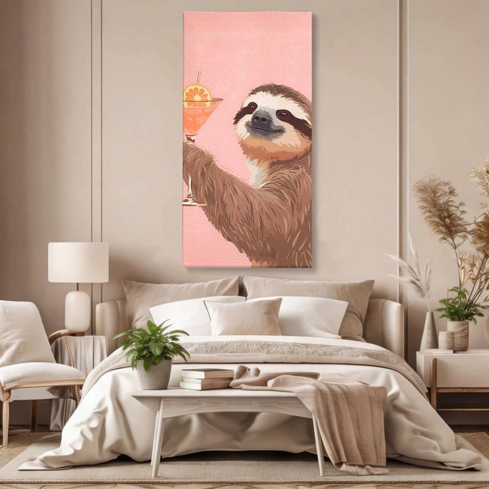 Tablou canvas cu tablou canvas cu lenes tinand cocktail, fara rama, pe sasiu de lemn, pe perete intr-un dormitor